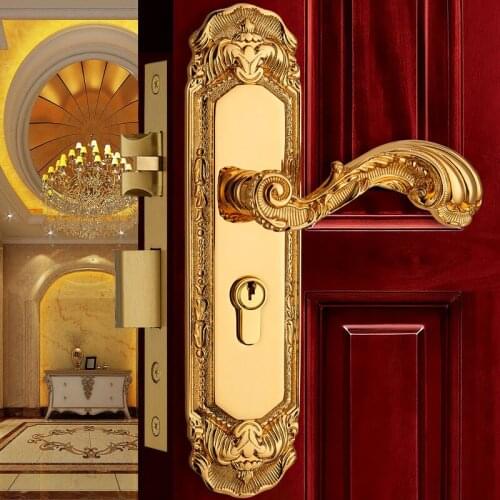 Europen Fashion Entrance Doors Door Lock Modern Brass Golden Interior Solid Wood Panel Handle Lock Rose Golden Bedroom Bookroom