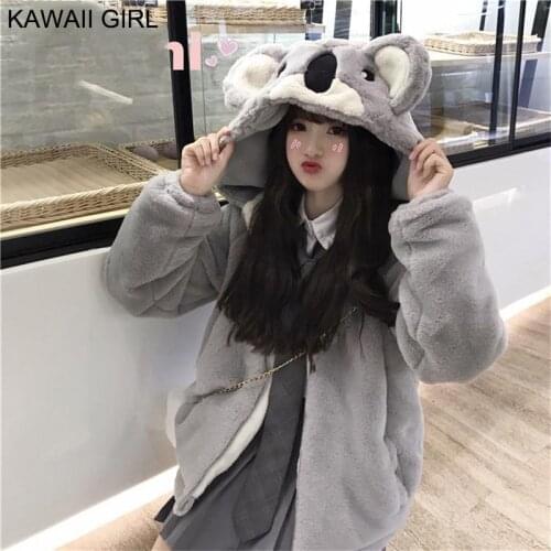 Kawaii Lolita Coat Japanese Soft Girl Cute Koala Ear Hooded Jacket Winter New Warm Faux Fur Zip Up Student Padded Overcoat Women