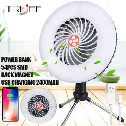 2in1 Selfie Ring LED Light Lamp Camping Tent Ceiling Fan Lantern With Magnet Power Bank for Outdoor Hiking Barbecue Night Market