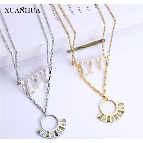 XUANHUA Shell Zircon Necklace Earrings Set Multi Layer Necklace Stainless Steel Jewelry Woman Accessories Fashion Jewelry Sets