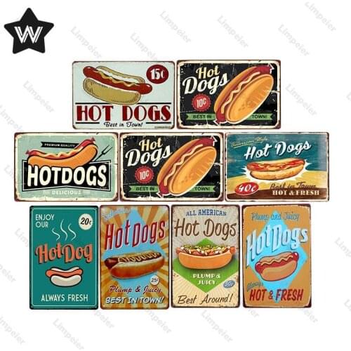 Fast Food Metal Plaque Tin Sign Hot Dog Metal Poster Tin Plaque Hamburger Metal Stickers Plate for Restaurant Shop Vintage Decor
