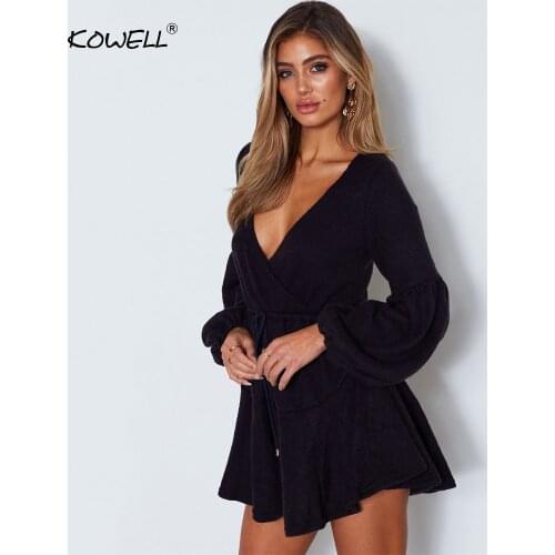 Hot Sale Deep V-Neck A-Line Sexy Bodycon Dress Autumn Winter Puff Sleeve Loose Mini Dresses Woman Pleated Cotton Party Dress Wom