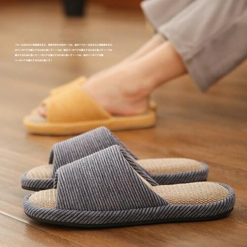 Simple Womens Home Soft Slippers Floor Breathable Cotton Flax Bedroom House Couple Linen Shoes Non-Slip Female Hemp Slides Men