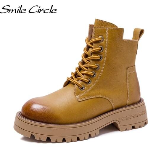 Smile Circle Motorcycle Short Boots Women Autumn 2021 Casual Platform Boots Thick Bottom Round toe Booties Ladies