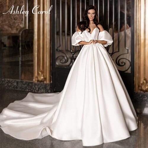 Ashley Carol A-Line Wedding Dress 2021 Elegant Satin Detachable Puff Sleeve Bride Dresses Sexy Sweetheart Princess Bridal Gowns