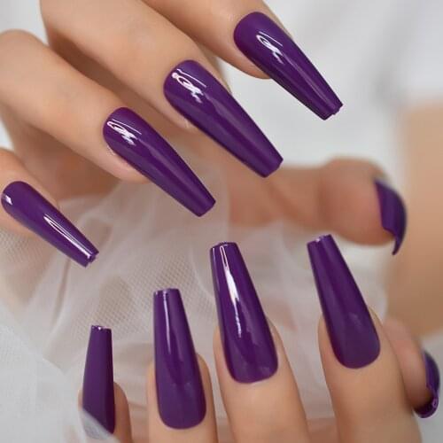 Extra Long Press On Nails Full Cover Solid Color Coffin Fake Nails Unas Postizas Shine UV Gel Acrylic Artificial False Nail Art