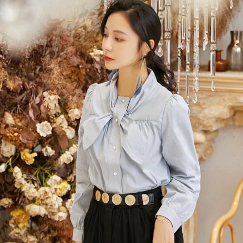 High Quality Women Long Sleeve Top Blouse New Fashion Korean Style Elegant Lady Shirt Original Design Bow Collar Spring Autumn