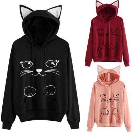 Women Hoodies Sweatshirt Kawaii Pink Winter Cat Pattern Long Sleeve Moletom Hooded Sweatshirts Ear Hooed Tops Coat