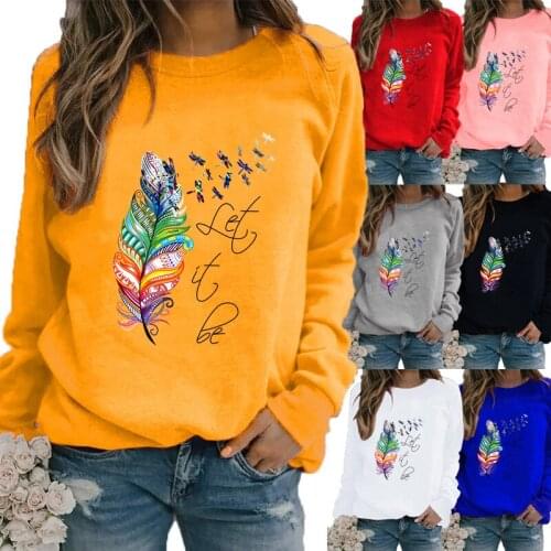 Womens Winter Feather Printed Round Neck Comfortable Sports T-shirt Plus Size Casual Long Sleeve Tops Sweatshirt