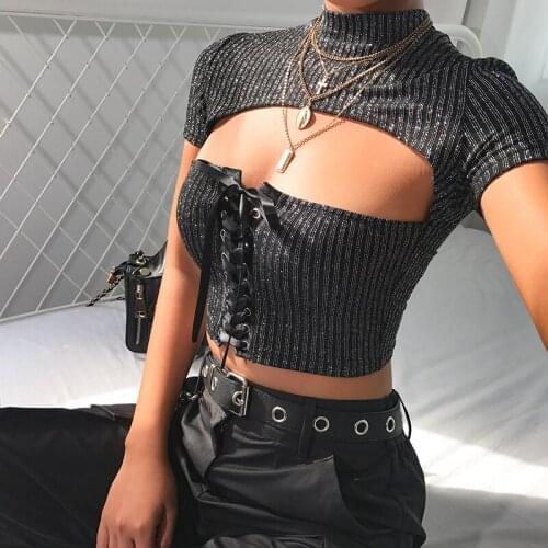 Skinny Cross Lace-Up Hollow Out Elastic Glitter Silver Striped Tops Female 2019 Summer Short Sleeve Bandage T-Shirt