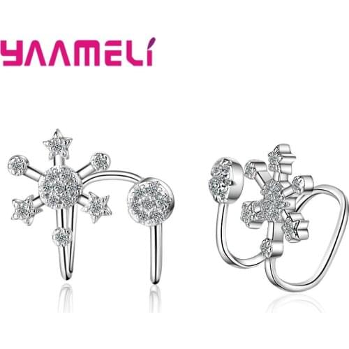 100% 925 Sterling Silver Snow Cz Ear Cuff Clip on Earrings For Women Girl Without Piercing Earrings Birthday Party Jewelry