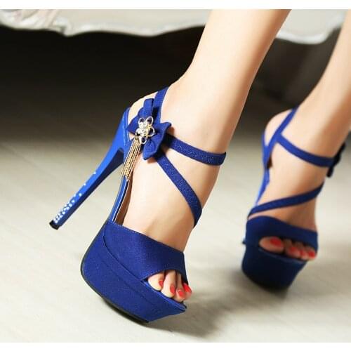 Womens shoes 2020 summer new sandals female stiletto platform T-shaped buckle bow rhinestone 14CM high heels shoes