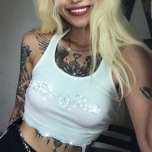 Womens Rhinestones Decoration Solid Color Tank Tops, Sleeveless Low Neck Ruffled Hem Navel Short Crop Tops for Summer