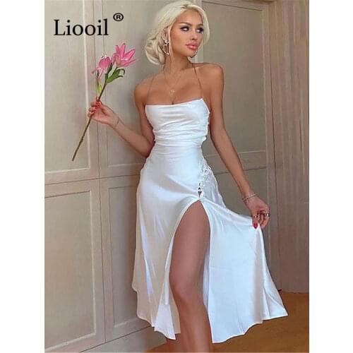 Liooil White Satin Bandage Slit Midi Dress Women Summer Spaghetti Strapless Backless High Waist Drawstring Party Sexy Dresses