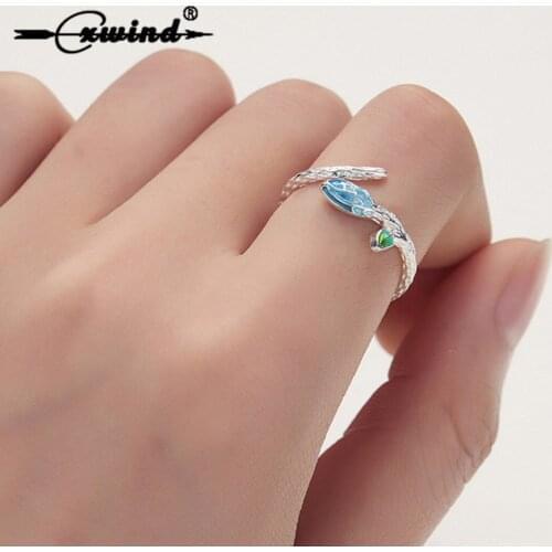 Cxwind Simple Green Leaf Blue Flower Ring for Women High Quality Unique Party Fashion Jewelry Cocktail Ring anillos mujer