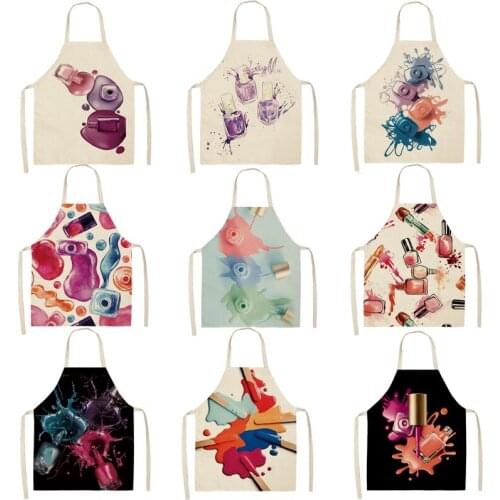 1 Pcs Kitchen Apron Color Nail Polish Bottle Printed Sleeveless Cotton Linen Aprons Men Women Home Cleaning Tools 66x47cm