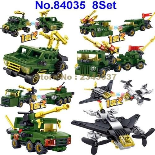 84035 8in1 Military Combat Troops Fighter Chariot Tank Guidance Radar Vehicle Building Block Toy