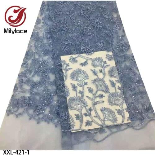 African Lace Fabric 2021 Embroidered Nigerian Sequins Lace Fabric High Quality French Tulle Lace Fabric for Party XXL-421