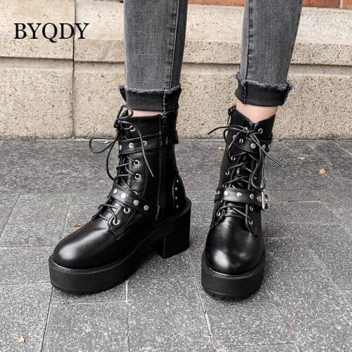 BYQDY Women Ankle Boots Round Toes Rivet Shoes Woman Leather Buckle Strap Ladies Chunky Heels Gothic Ladies Combat Booties
