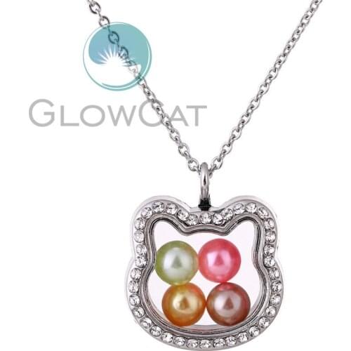 K1391 Cat head Magnetic Living Memory 8mm Beads Locket Pearl Cage Floating Pendant With Rhinestone Necklace