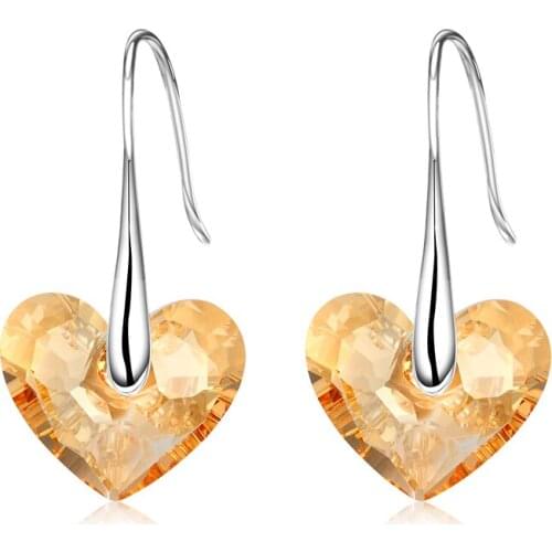 COCOM Luxury 925 Sterling Silver Drop Earrings with Golden Love Heart Austrian Crystals Ear Jewelry Wedding Anniversary Gift