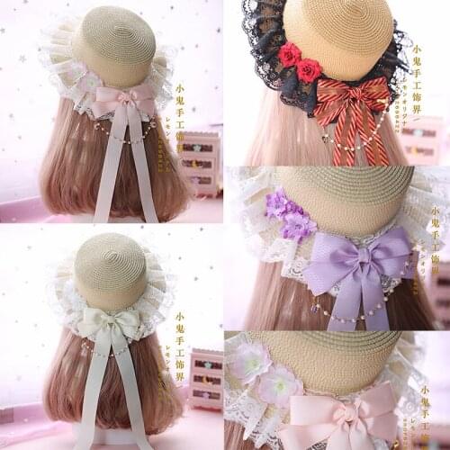 Lace straw hat soft sister lolita cute pearl moon bow ribbon straw hat travel visor