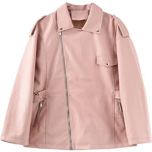 Spring Vintage Black Beige Pink Faux PU Leather Jacket Women Loose Plus size Casual Lapel Long sleeve Autumn Motorcycle Jacket