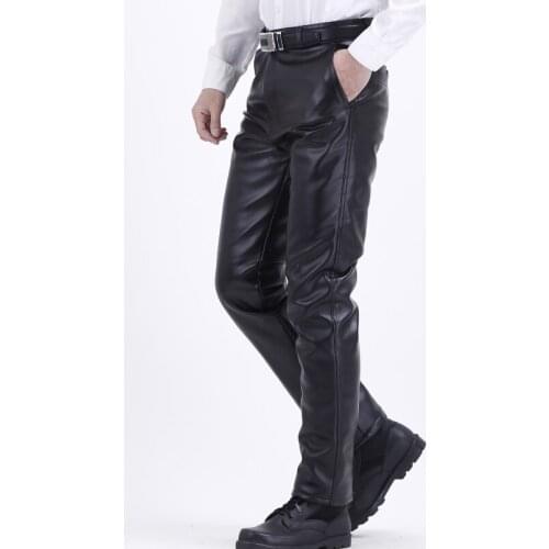 Male Warm Straight Pants Men Working Elastic Lightweight Casual PU Leather Trousers Regular Full Length Pants Plus Size