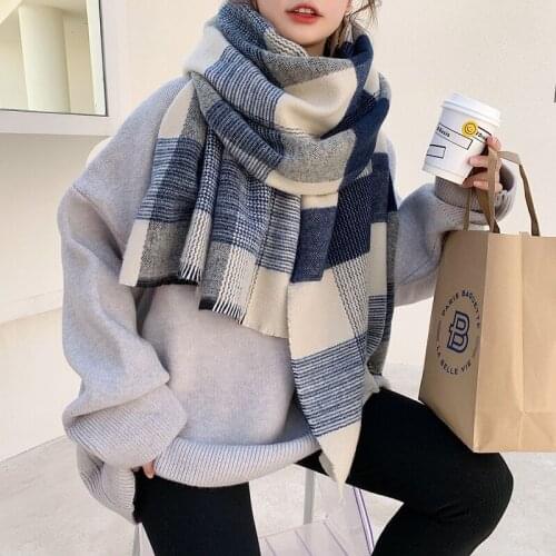 New female winter blue plaid cashmere scarf warm shawl thickened bib scarf