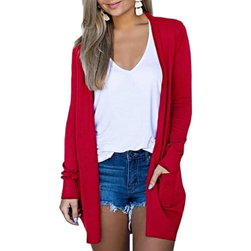 Solid Cardigan Women Plus Size Pockets Long Sleeve Open Front Outwear Thin Mid-Length Casual Ladies Clothes Autumn