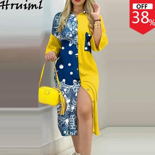 Large Size Womens Clothing Turn-down Collar Shirt Dress Single Button Design Casual Long Sleeve Dress Colorblock Fashion Robe