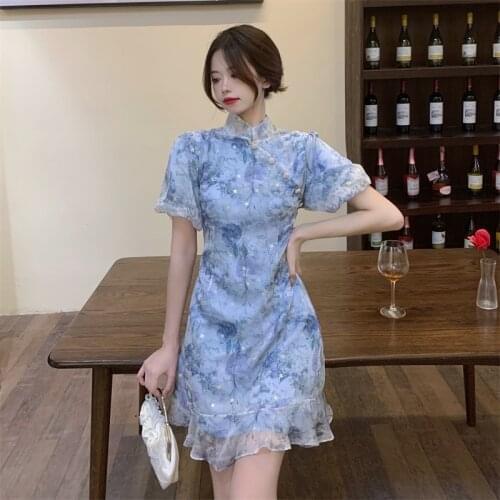 2021 Chiffon Pearl Button Slim Cheongsam Dress Retro Girl Modern Mini Dress Women Elegant Fashion Ladies Qipao Clothes