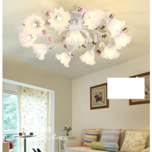 Wedding Rose Ceiling Lamp Metal Alloy Pink Flower Living Room Lamps Princess Girl Bedroom Light Fixture Glass Lampshade D117