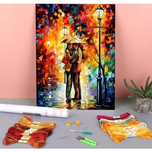 Kiss Under The Rain Printed Fabric 11CT Cross Stitch Patterns Embroidery DMC Threads Hobby Needlework Handmade Craft Design