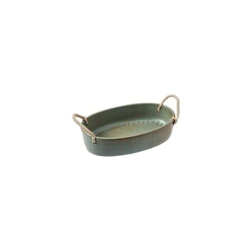 Fine Clay Hand-made Coarse Pottery Hemp Rope Handle Oval Disc Snack Plate Binaural Deep Plate Design Fruit Plat