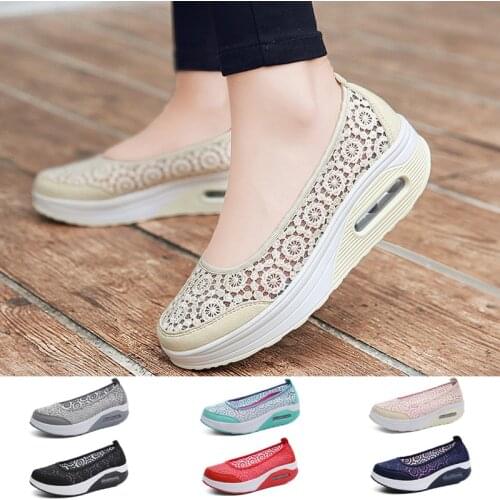 Big Size Women Casual Slip On Shoes Comfort Chunky Sneakers For Girls Breathable Hollow Out Platform Sneakers Wedges Loafers
