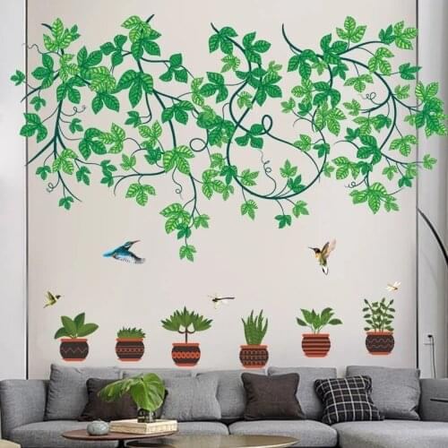 Green Vine Stickers Cute Birds Potted Plants Wallpaper Creative TV Background Decorative Decals Self Adhesive Bedroom Wall Mural