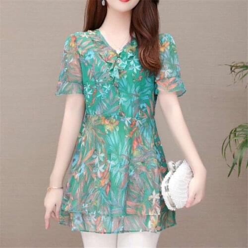 2021 New Summer Middle Aaged Women Chiffon Short Sleeve Slim Blouse Tops Female Fashion Flower Print Plus Size 5xl Shirt