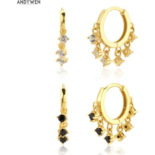 ANDYWEN 925 Sterling Silver Gold Clear Zircon Black Charms Hoops Women Huggies Loops Pendant Clips Tiny Fashion Rock Punk Jewels