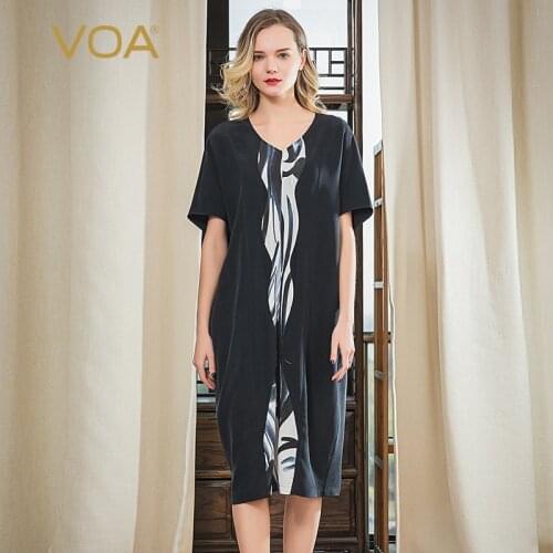 VOA Silk Navy V-neck Short Sleeve Casual Womens Dresses A10819 Graffiti Printing Bump Splicing Loose Summer Dresses for Women