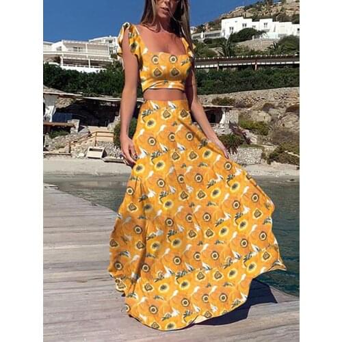 Summer womens Sleeveless Top Long Skirt Casual Polyester 2021Printed Medium Waist Large Swing Comfortable Two-piece Set