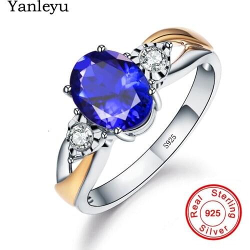 Yanleyu Women Luxury Blue Cubic Zircon CZ Stone Open Ring 100% 925 Sterling Silver Wedding Jewelry Adjustable Size Ring PR142