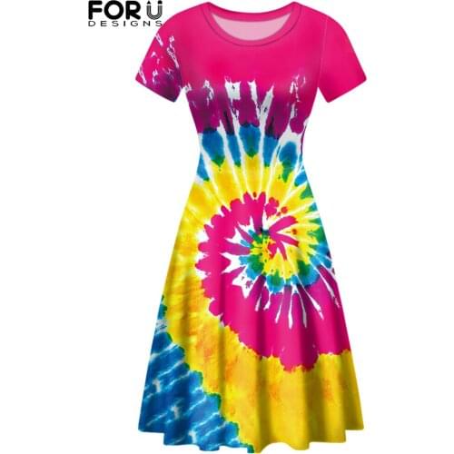 FORUSEDIGNS Tie-Dye Artistic Pattern Fashion Women Summer Short Sleeves Dress Round Neck Comfortable Holiday Lady Skirt Mujer