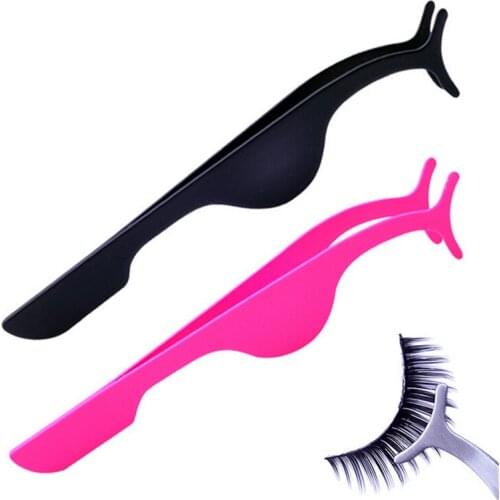 1pc Pink Plastic Eyelash Tweezers Clip Applicator Flat False Eyelashes Extension Curler Clamps Beauty Makeup Tools