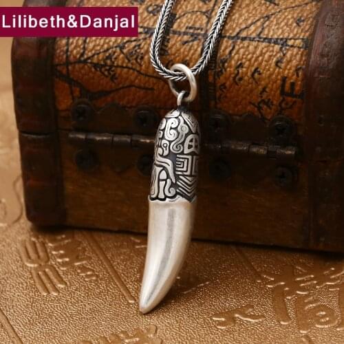 2018 Punk Pendant 100% Real S990 Sterling silver Jewelry Men Wolf Tooth Pattern Totem Necklace Pendant Christmas Gift P76