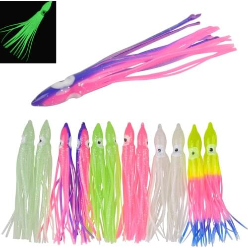 60Pcs Luminous Octopus Lure Soft Squid Skirts Jig Rigging Rubber Artificial Saltwater Tuna Catfish Fishing Bait 7cm 9cm 11cm