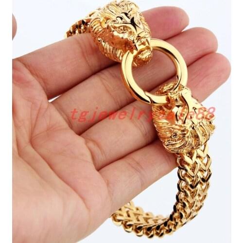 Gold Stainless Steel Lion Head Clasp Cool Mens Boys Fashion Figaro Rolo Link Chain Bracelet Jewelry 8.66"
