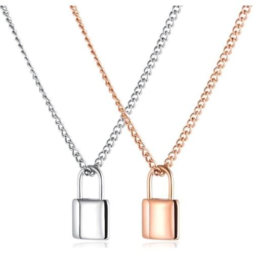 Fashion rose gold lock pendant necklace women men long chain kpop stainless steel couple jewelry accessories valentines day gift