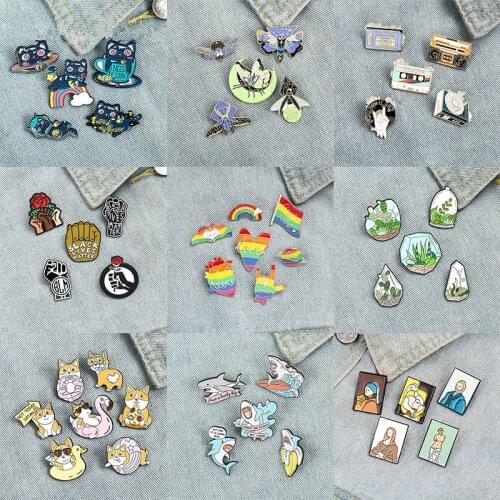 5~7 Pieces / Set Enamel Pin Cat Dog Bird Feminism Rainbow Plant Music Painting Brooch Lapel Pin Cartoon Punk Jewelry Badge Gift