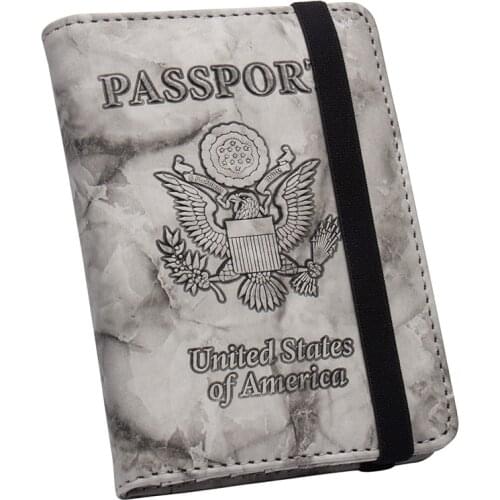 Gray Usa Double Eagle Marble Pattern Pu Leather National Passport Cover Credit Card Holder Passport Holder With Bandage